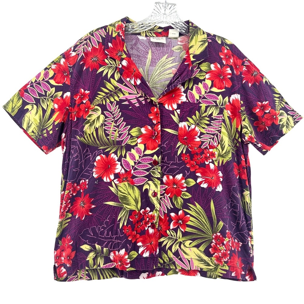 Vintage Erika Tropical Floral Button Up Shirt Womens PL Red Hibiscus Cotton